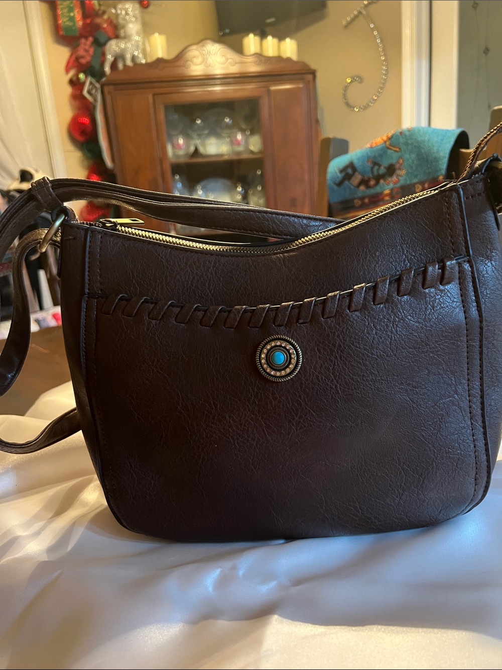 Classic Brown  Crossbody Bag with Turquoise Accent